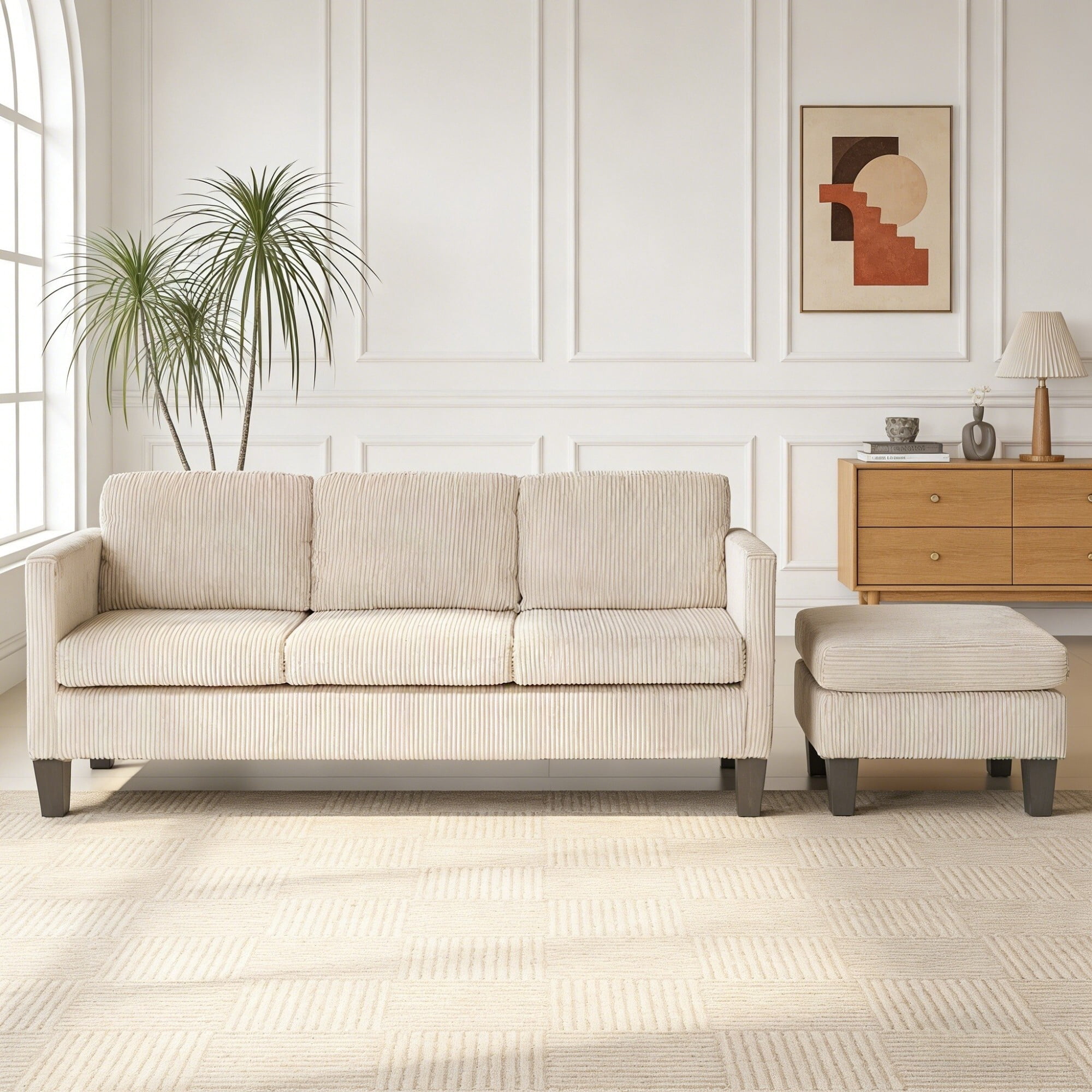 AENKYO 67" L-Shaped Corduroy Sectional Sofa with Storage Ottoman, Modern 3-Seat Couch w/ Side Pockets, Beige