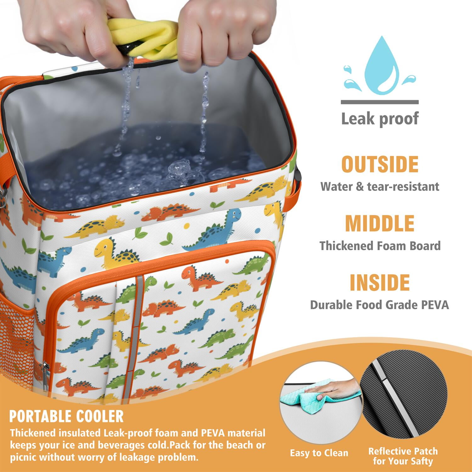 Travel Cooler Bag - White Cartoon Dinosaurs Leaves Pattern Camping Beer Cooler Backpack with Bottle Opener- Waterproof Insulated Picnic Backpacks - Cooler Bag for Beach