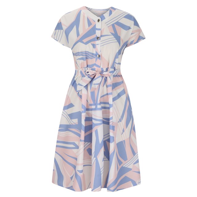 VISgogo Vestido de verano para mujer, manga corta, cuello en V, estampado a la moda, cierre de botón, vestido con cinturón VISgogo moda