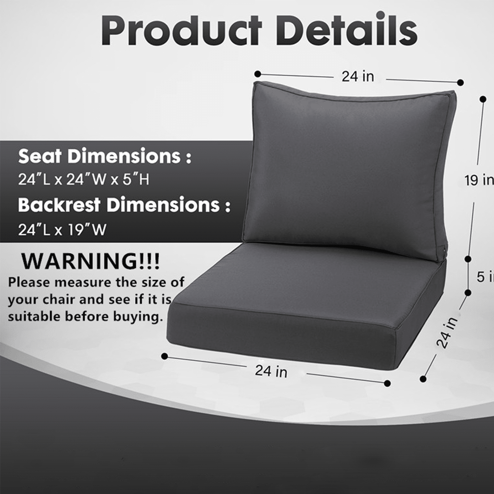 Naturoasis Outdoor Seat Cushion Set 24 x 24×4.7 Inch, Waterproof & Fade Resistant Seat and Back Cushion with Removable Cover,Thick Deep Seating Pads for Outside Chair Sofa Couch,Dark Grey