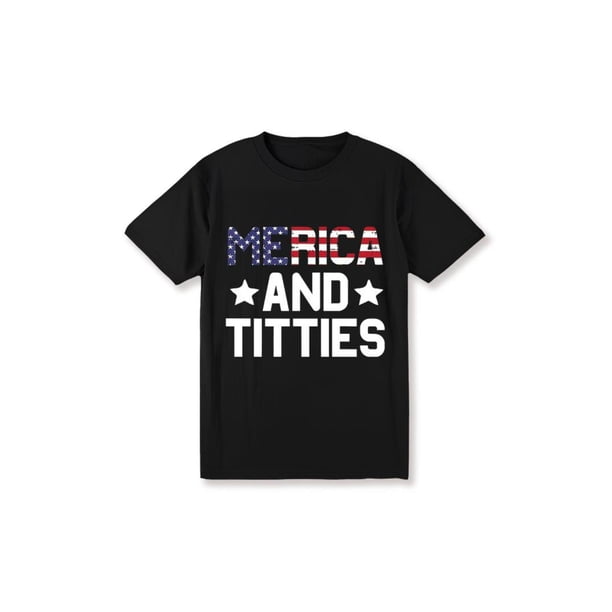 Merica and Titties Graphic Tee - Funny Patriotic Shirt for Women Men - Casual Summer Tops - Cool american Flag Design - Humorous Gifts for Couples For Women For Men [180G 100% cotton, lightweight and