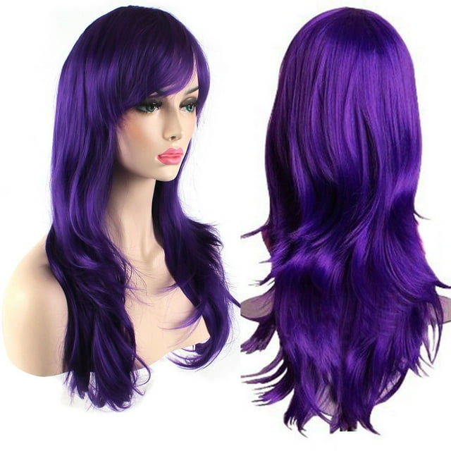 Peluca rizada de 28 "y 70 cm de largo resistente al calor para mujer con gorro de peluca, Purp
