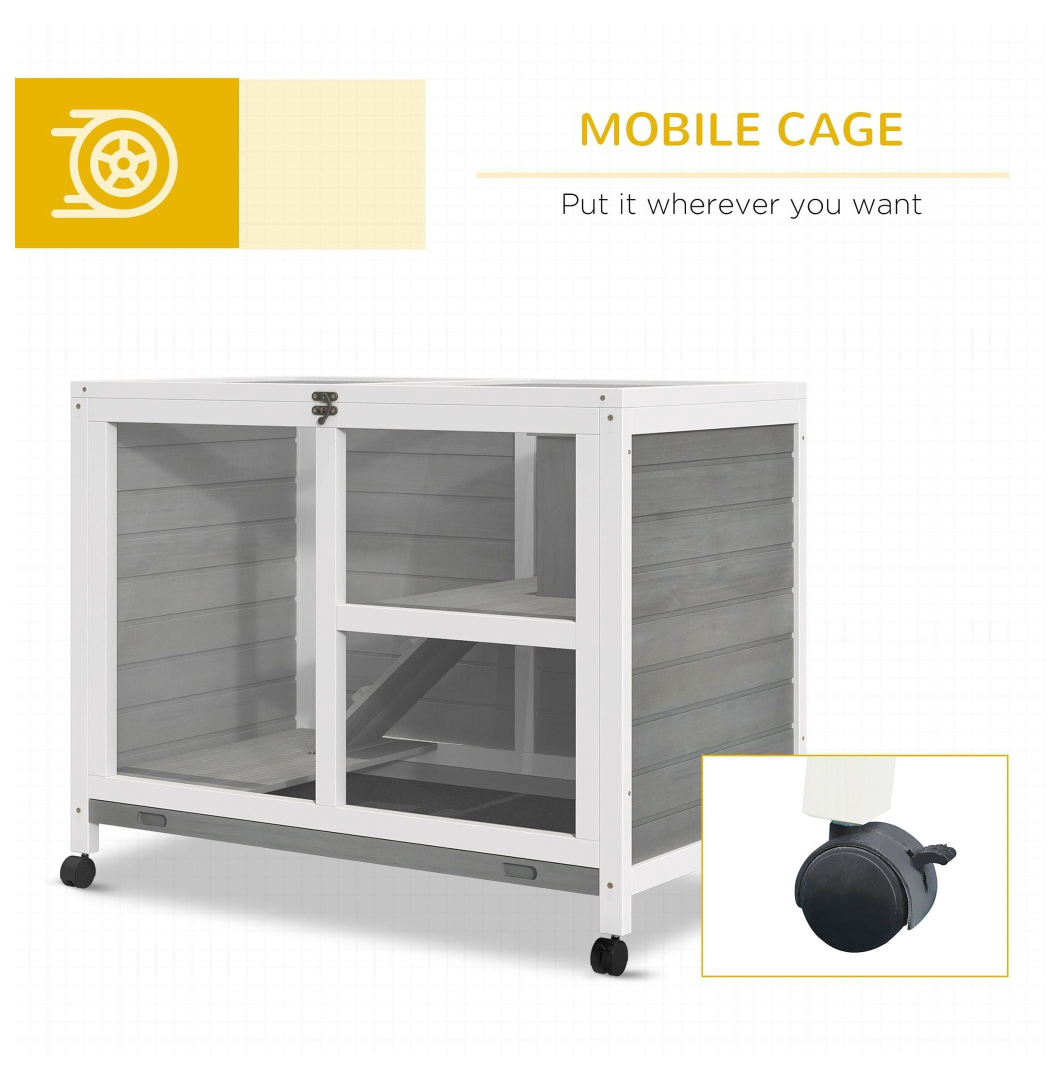2-Story Bunny Hutch Indoor, Wooden Guinea Pig Cage with Wheels & Lockable Doors - Gray Rabbit Habitat for Small Pets