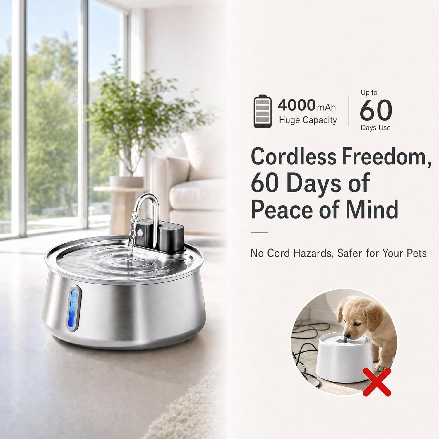 Dog Water Fountain, 140fl Oz Large Automatic Pet Water Dispenser with 4000mAh Battery, 3 Working Modes & 25dB Ultra Quiet,for Cats and Dogs