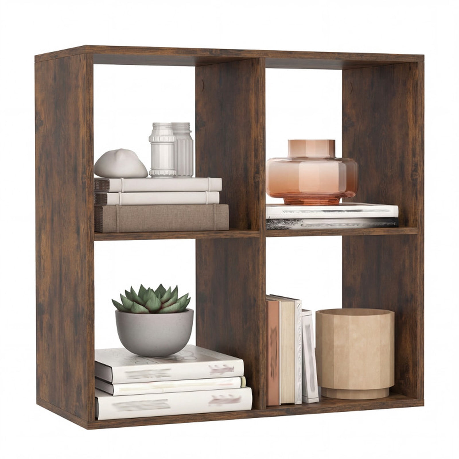 Furnibear 4-Cube Bookshelf with Back Guardrail Reinforced Crossbar and Anti-Tipping Kits for Living Room and Bedroom Books and Boxes, Coffee, Brown