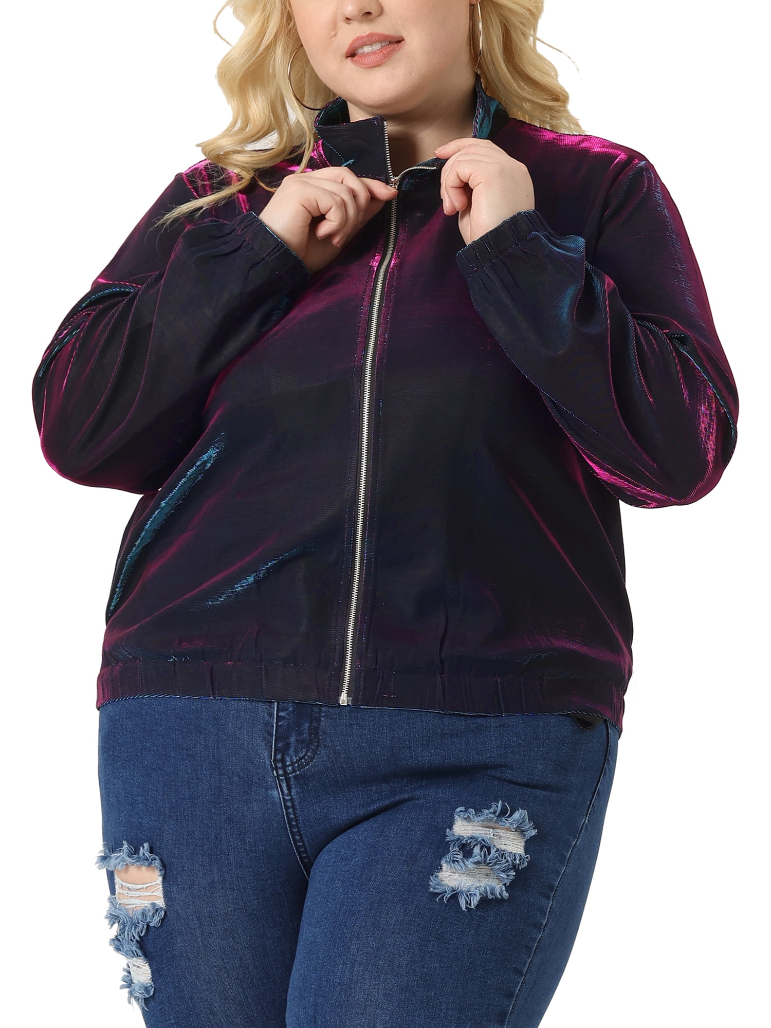 DARING DIVA Plus Size Holographic Long Sleeve Zip Up Mesh Jackets 2X Blue Purple
