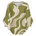thumbnail image 5 of Abstract Olive Green Wavy Pattern Women's V-Neck Blouse With 3/4 Ruffled Bell Sleeves Casual Top Ladies Blouses, 5 of 7
