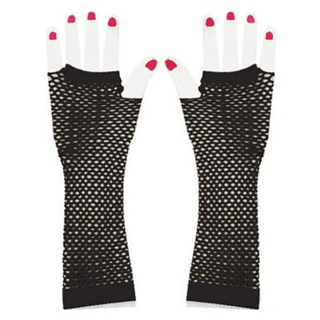 Adults Black Glam Rock Fishnet Fingerless Costume Long Gloves