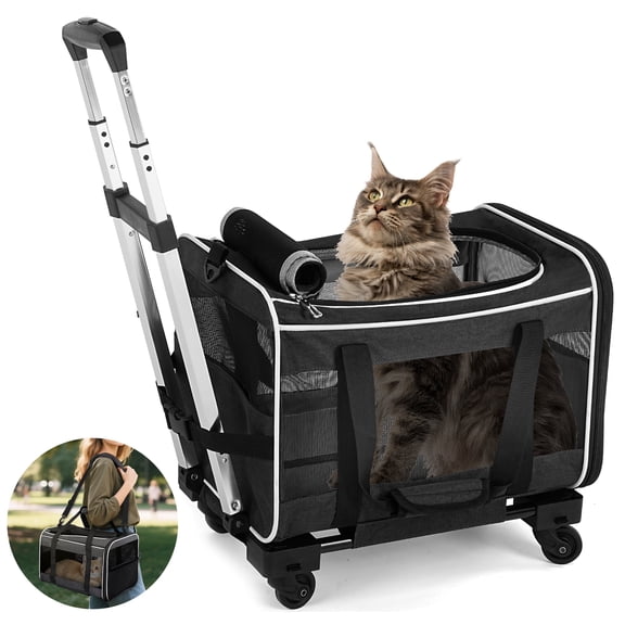 WFUN Rolling Pet Carrier with Wheels for Small Medium Dogs & Cats up to 20lb for Travel Flight Camping Outdoor,Black
