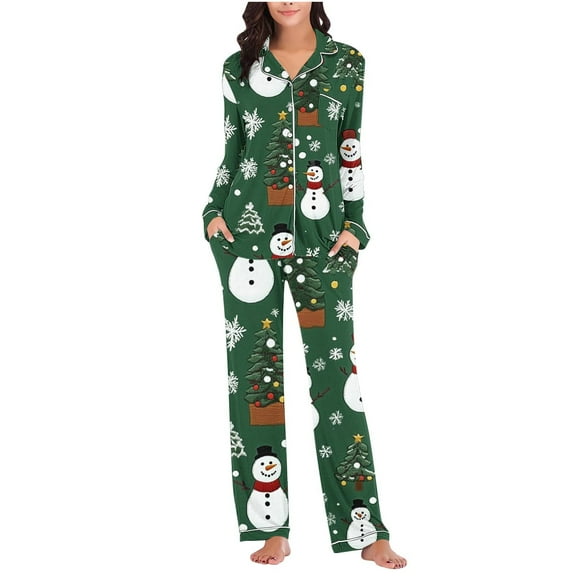 Christmas Pajamas Sets for Women Long Sleeve Holiday Graphic V Neck Button Down Length Pants Two Piece PJS Multicolor XL