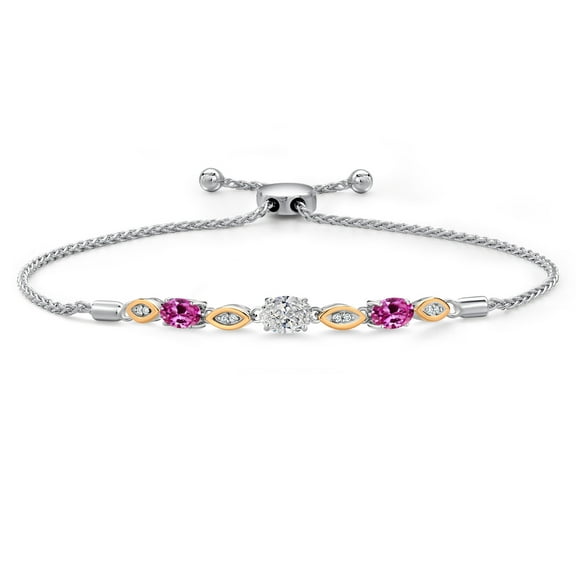 Gem Stone King 1.70 Ct DEF Lab Grown Diamond Pink Created Sapphire 925 Silver and 10K Yellow Gold Bracelet