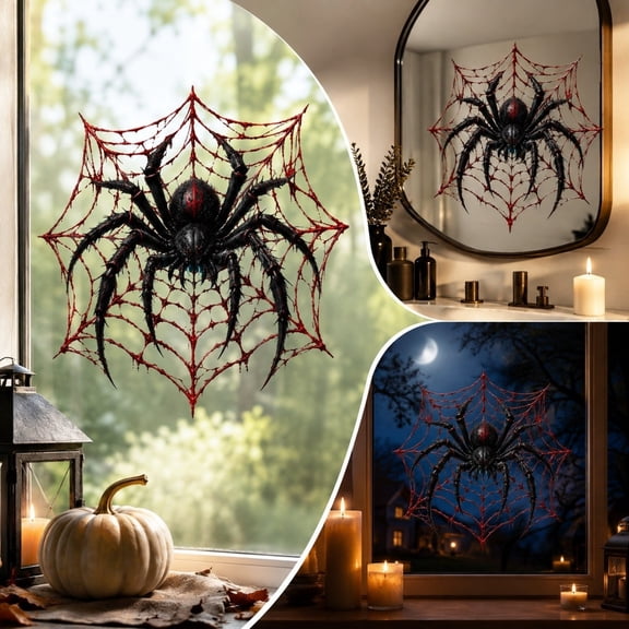 Halloween Spider Window Stickers, Halloween Decorations Indoor Outdoor, Static Cling Wall Decals for Glass Mirror Door Living Room Spooky Spider Silhouette Horror Atmosphere Decor, Black