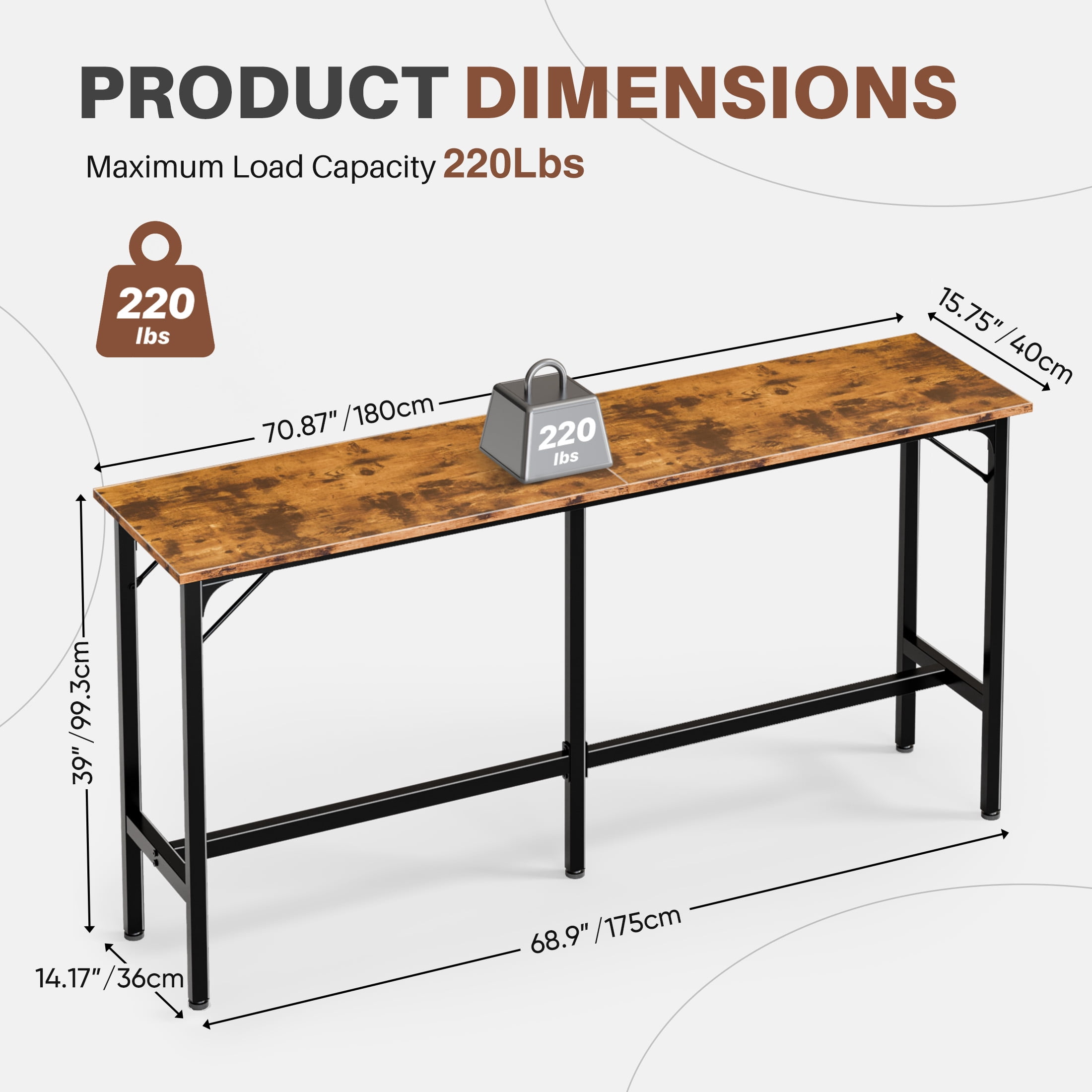 EDX 71 Inch Bar Table, Bar Height Pub Table, Counter Height Bar Table, Rectangular High Top Coffee&Dining Table, for household, Rust