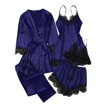 Hueook Womens Pajamas Sexy Pajama Set Cami Pj Sets Women s Sleepwear Long Pants+ Pajamas Five Piece Set Home Dark Blue 2X