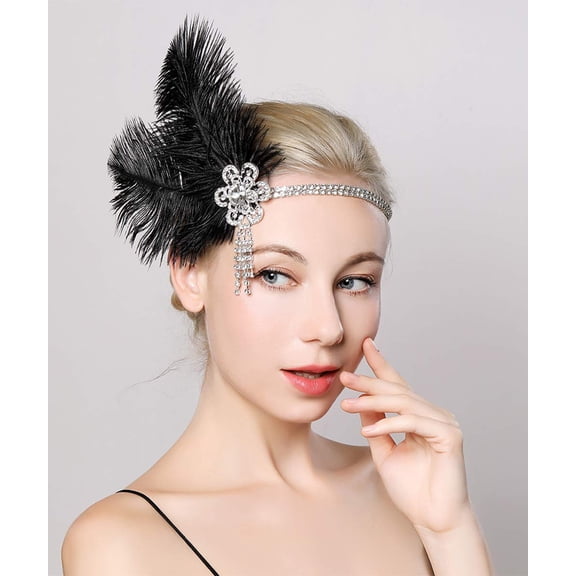 Bridal 1920s Flapper Feather Headband with Crystal Head Chain Black Feather Roaring 20s Rhinestone Headband Prom Party Festival Hair Jewelry for Women and Girls