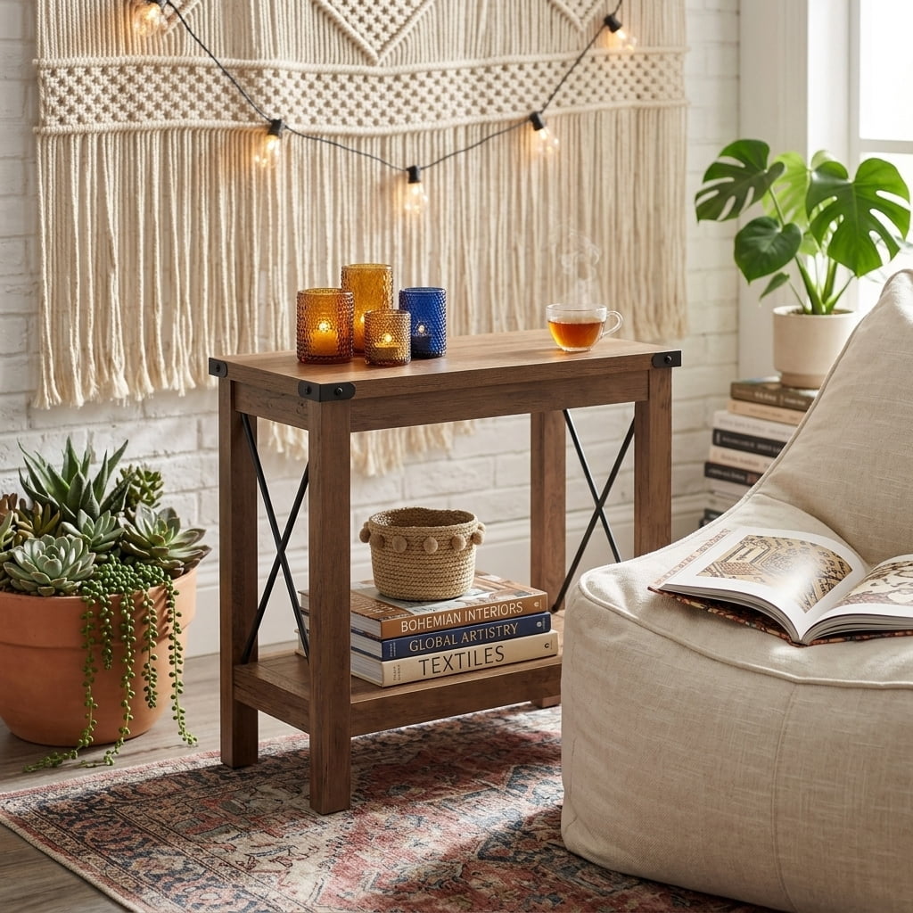 Ledrem Rustic Country Side Table, End Table for Narrow Areas, Honey Brown Particleboard and Steel