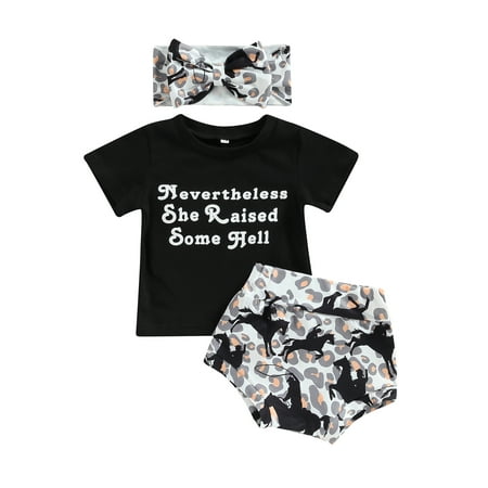 

Frobukio 3Pcs Toddler Baby Girls Western Clothes Sets Short Sleeve Letter T-Shirt Cowboy Shorts Headband Outfits Black　12-18 Months