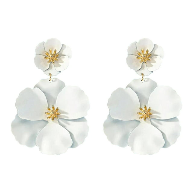 Flower Dangle Earrings Chic Layered Floral Metal Eardrop Drop Earrings for Party White