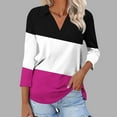 thumbnail image 2 of Stylish Olyvenn Women's 3/4 Sleeves V Neck Button Collared Shirts Basic Cute Tunic Tees Dressy Casual Color Block Tops Blouses Work Shirts Hot Pink 12-14, 2 of 5