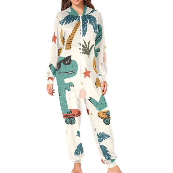 Two Dinosaurs on Skateboard Trees Adult's Hoodie Onesie Jumpsuit One-Piece Pajamas with Zipper Unisex for Holiday S