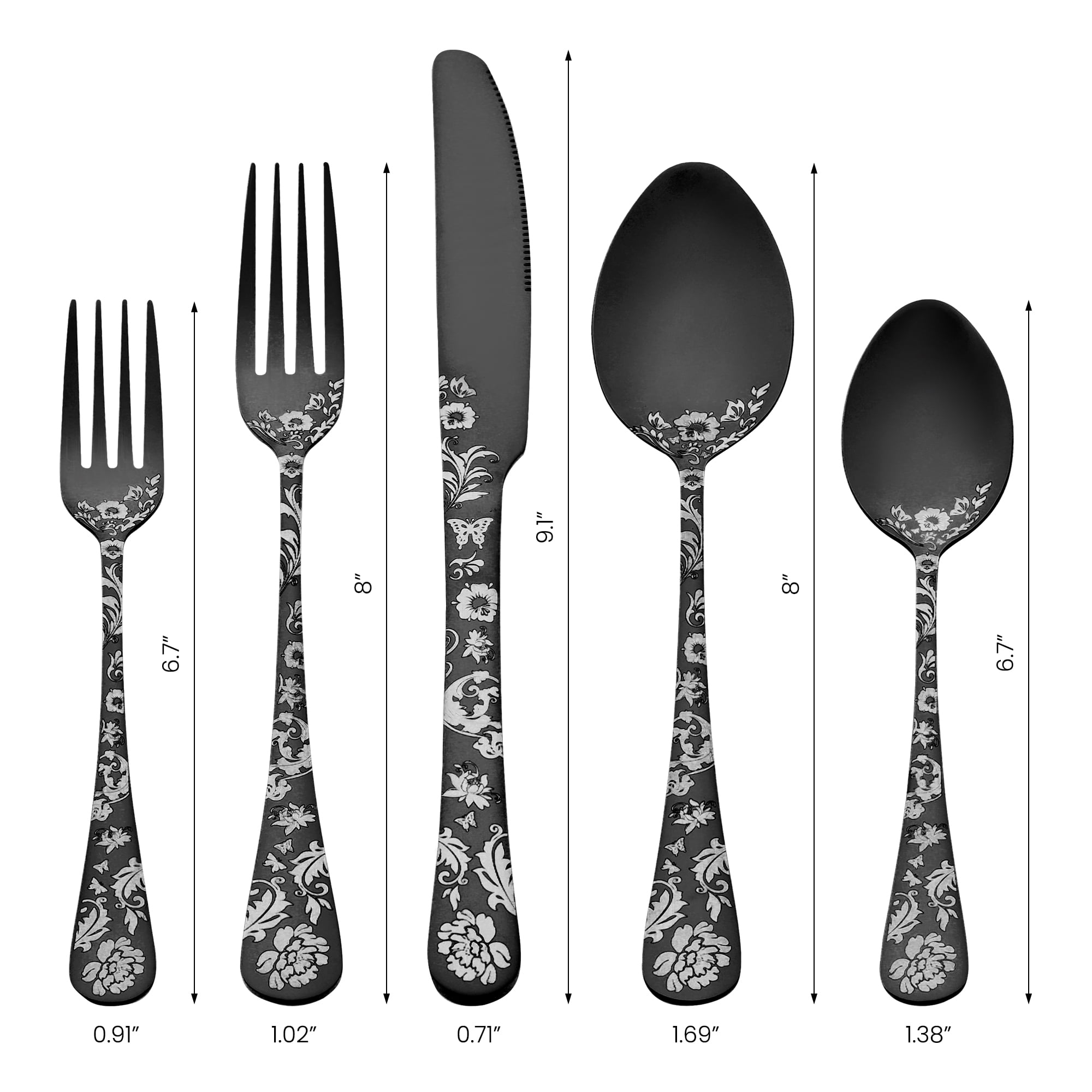 Unique Bargains 30-Pieces Floral Stainless Steel Flatware Set for 6 Black