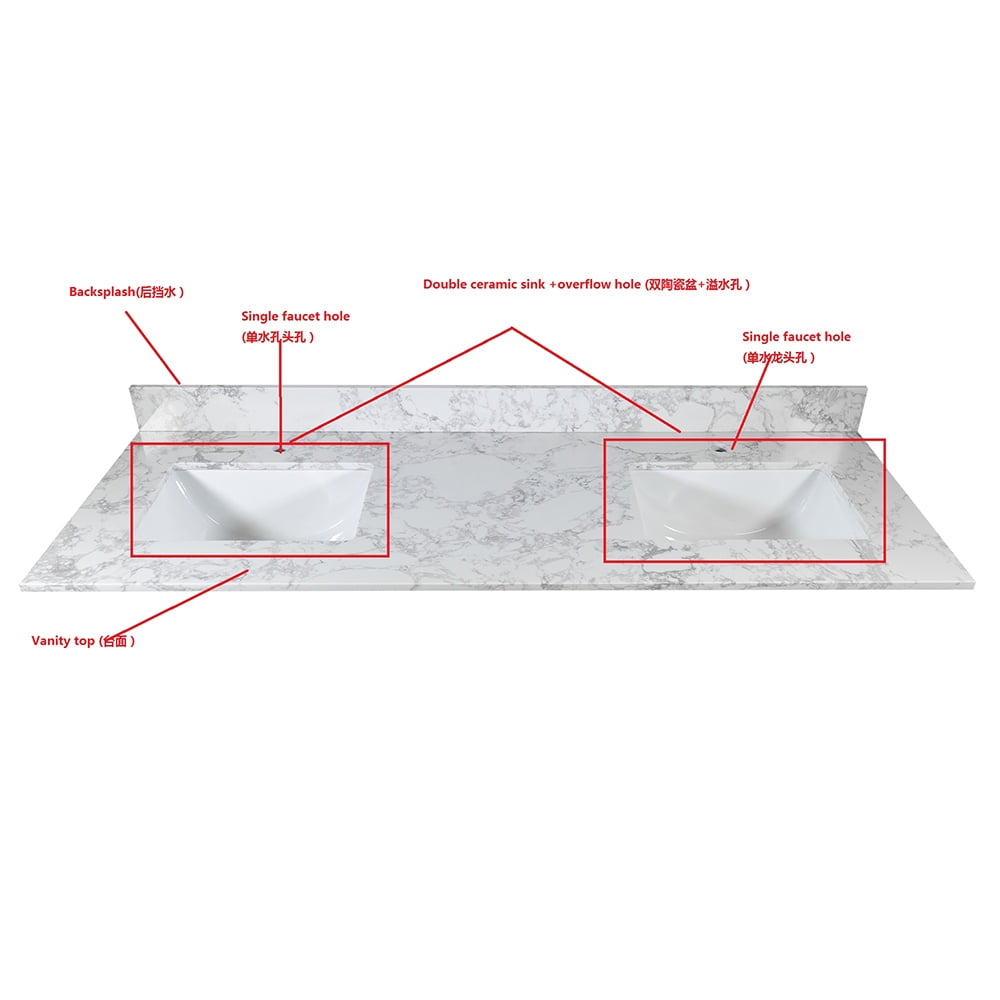 Lowestbest 61"x22" Marble Vanity Top with Under Mount Rectangle Bowl, Double Faucet Hole, White Lowestbest 61"x22" Marble Vanity Top with Under Mount Rectangle Bowl, Double Faucet Hole, White
