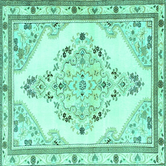Ahgly Company Machine Washable Indoor Square Medallion Turquoise Blue Traditional Area Rugs, 4' Square