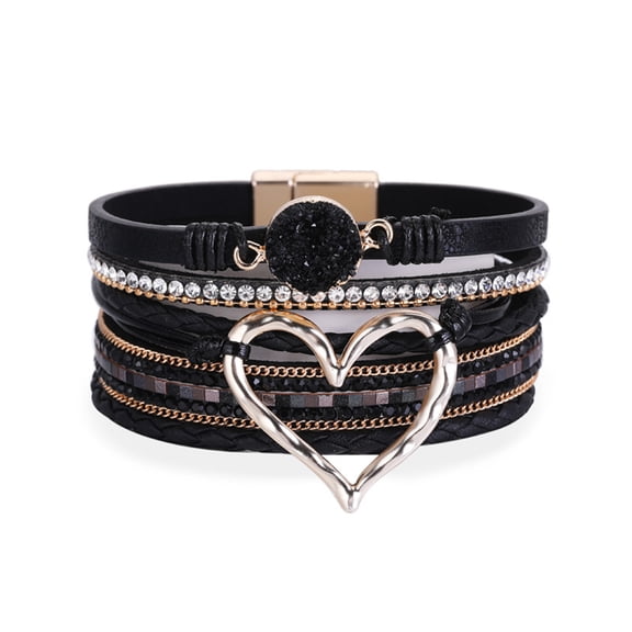 YYKihy Women Leather Cuff Bracelet Set Multilayer Wrap Bracelet Crystal Heart Bracelet Clasp Bracelet For Women