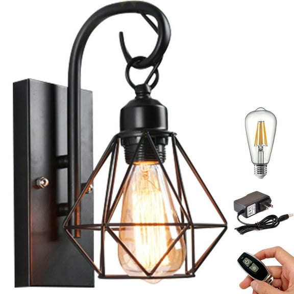 Kiven 1-Light Battery Operated Iron Wall Lamp, Vintage Black Rechargeable Wall Sconces, E26 Socket Bulb Included(Warm White)Wire Cage Wall Light Fixture