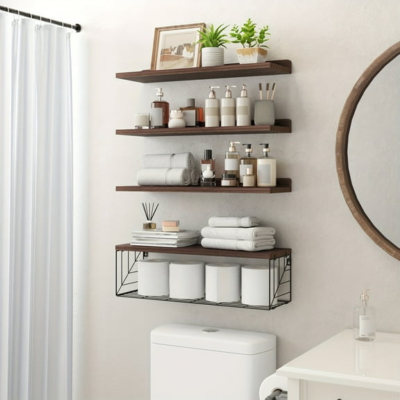 ​​4-Pack Floating Shelves Set | with Mesh Basket | Dark Carbon Black for Kitchen & Bathroom Wall Storage​​
