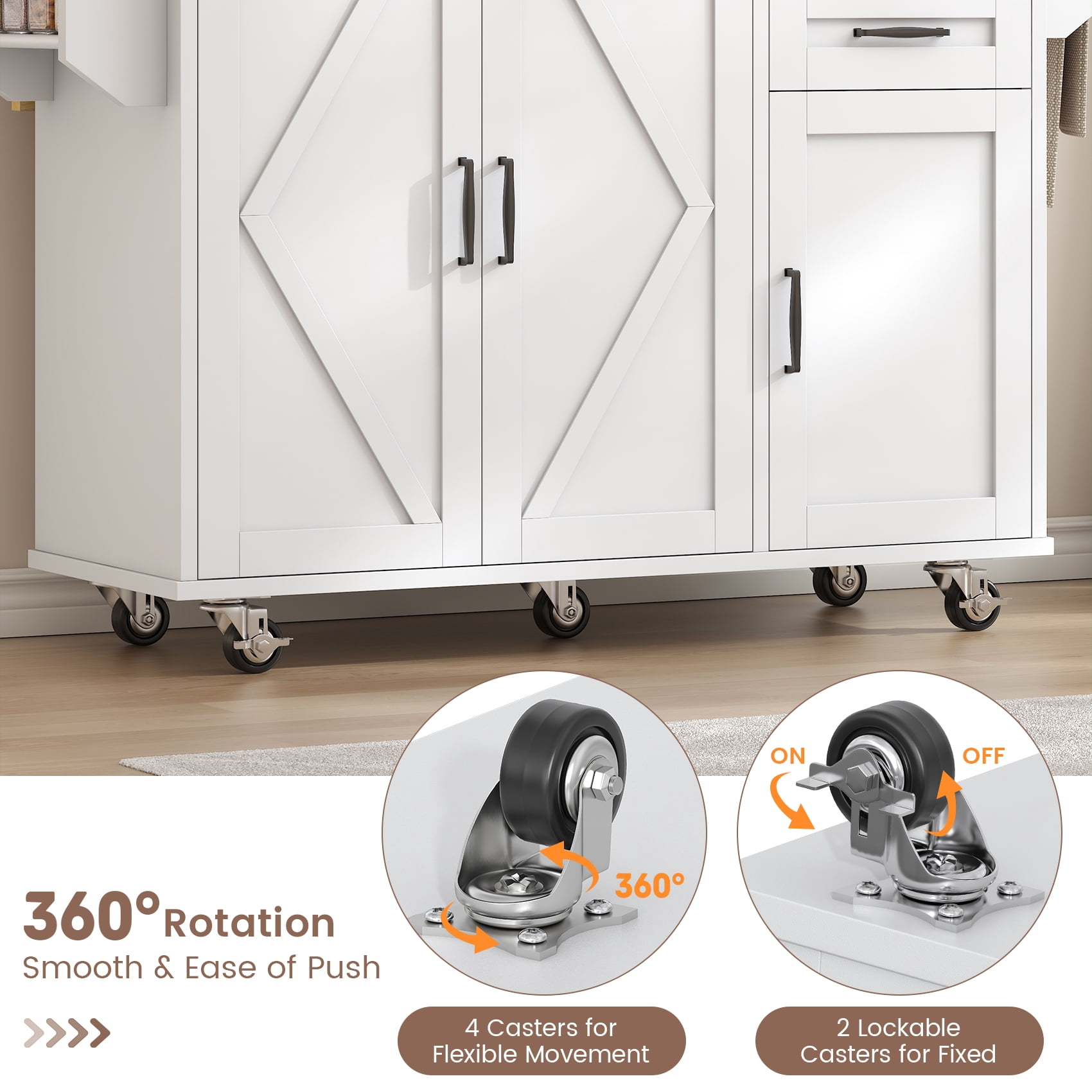 Meteorleg 51.2'' Kitchen Island Cart on Wheels, 3-Doors 2-Drawers Rolling Storage Cart with Adjustable Shelves & Rubberwood Countertop, White