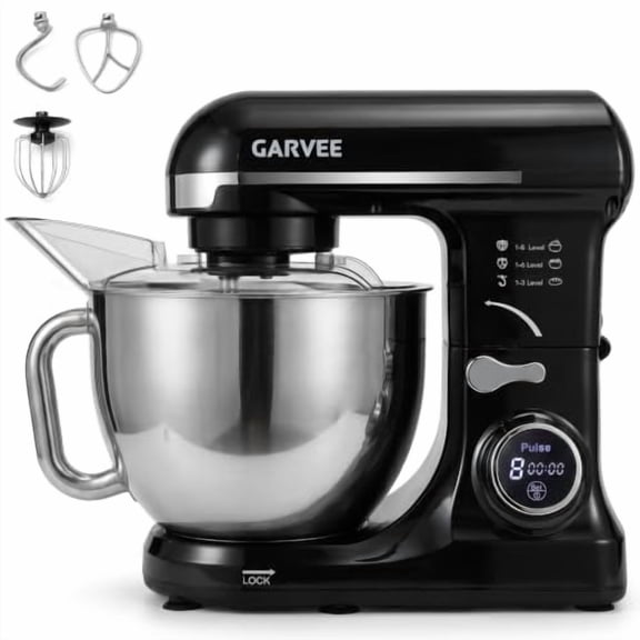 5.3QT Digital Electric Stand Mixer, 8‑Speed Tilt‑Head Kitchen Mixer with Timer & 3 Baking Attachments, Black