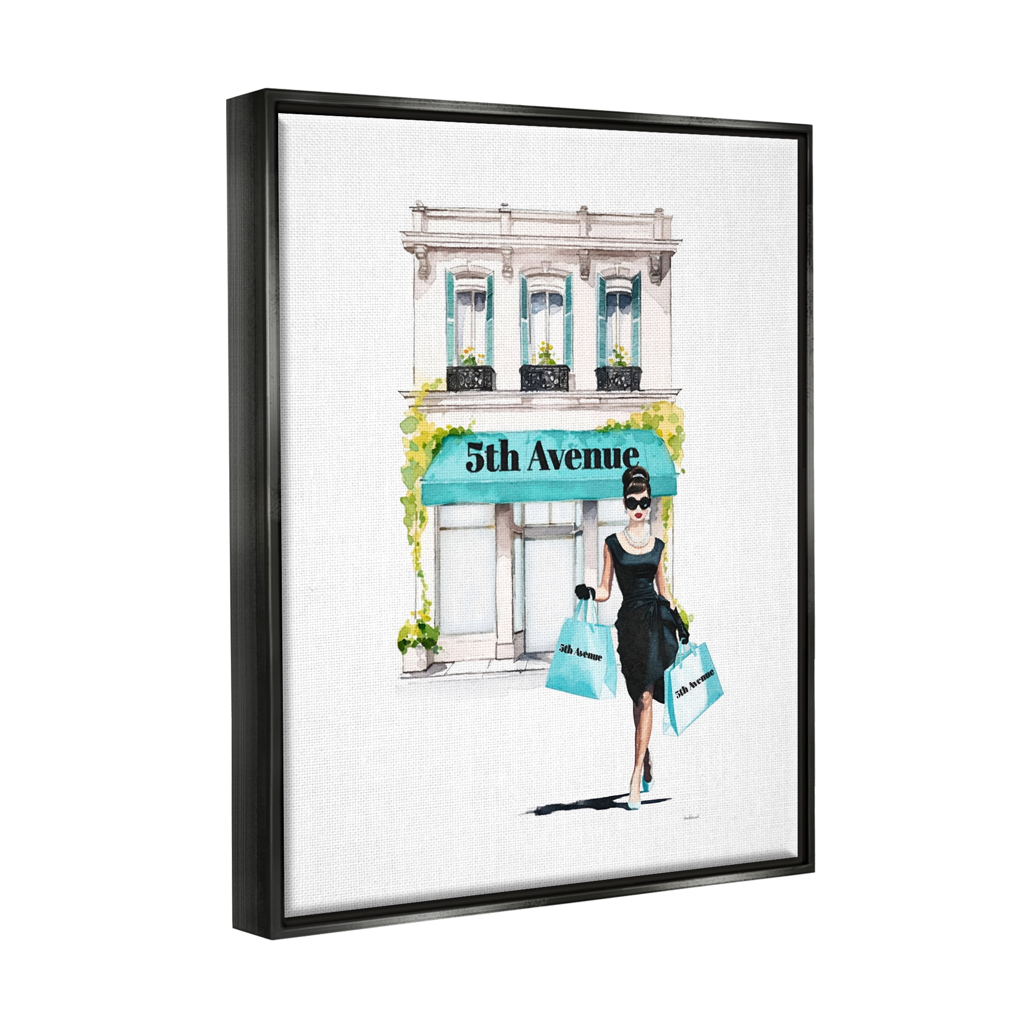 Stupell Industries Fashionista with Shopping Bags Beauty & Fashion Painting Black Floater Framed Canvas Art Print Wall Art, 17 x 21