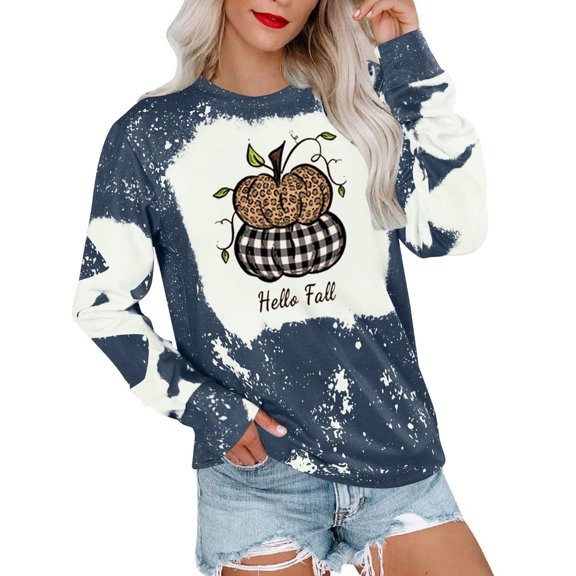 IROINNID Women's Long Sleeve Sweatshirt Round Neck Mid-Length Print Stylish Tops Halloween Tie Blanket Sweatshirts, Blue