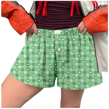 Blphud Beach Clothes Shorts Underwear for Women Cotton Women Shorts Soft Elastic Low Waist Plaid Print Button Front Bottoms Boxer Shorts Womens Baseball Shorts Green M