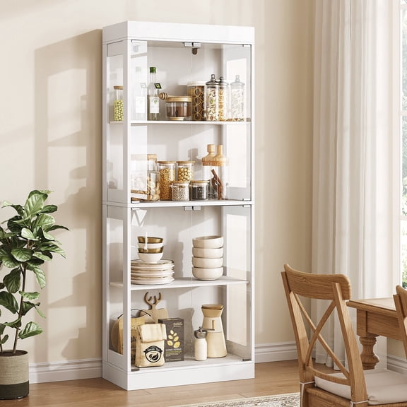 70" White Display Cabinet with Glass Doors and Shelves