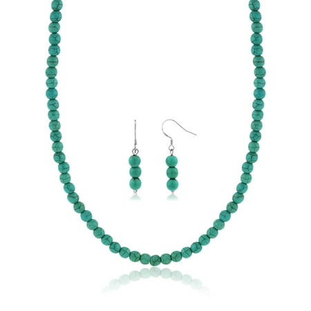 6mm Round Beads Green Simulated Turquoise Howlite 20" Necklace and Earrings Set