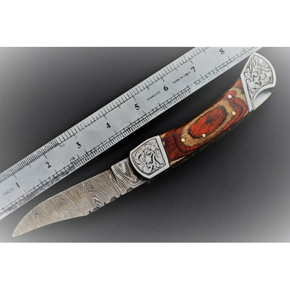 Damascus steel blade back lock folding knife with Leather sheath Reddish brown scale