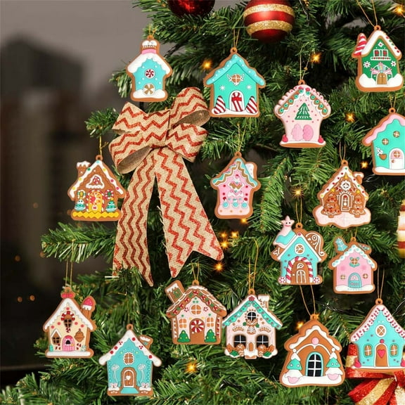 Loyerfyivos 16 Pieces Christmas House Ornament Wooden House Decorations Christmas Tree Hanging Ornaments Decorations Xmas Painted Wood House Pendants for Holiday Christmas Tree Decor