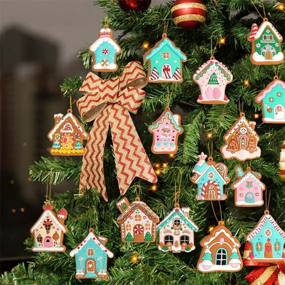 Leutsin Gingerbread House Ornaments,Christmas Tree Gingerbread House Decoration,16pcs Gingerbread House Christmas Decorations,Hanging Ornaments for Holiday Christmas Tree Home Decor
