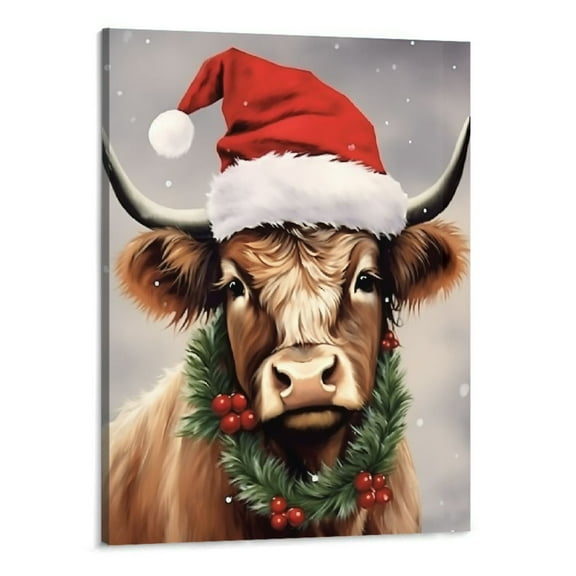 PRATYUS  Merry Christmas Cow Canvas Wall Decor Highland Cow Canvas Wall Decoration Farmhouse House Canvas Poster Decor Xmas Holiday Artwork for Living Room Kitchen Wall Picture-16x20 in