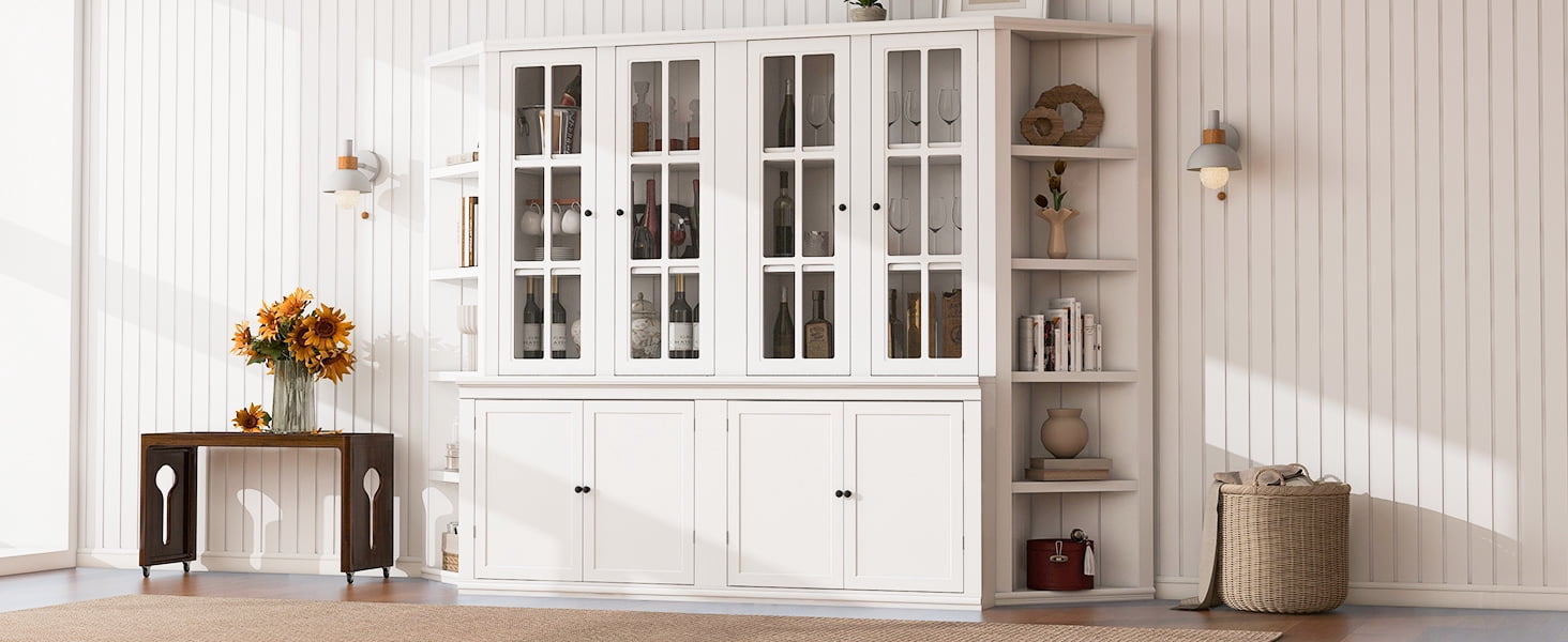 Euroco 2x 75.25'' Tall Display Cabinets and Two Triangle Sided Bookshelves, 105.5'' Wide Retro Style Wall Suit with Glass Doors, for Hallways, Living room, Office, Studio or Workspace - White