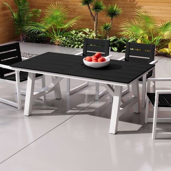 WestinTrends Cape May 72" HDPE Rectangle Outdoor Patio Dining Table With Umbrella Hole and Metal Frame, Black