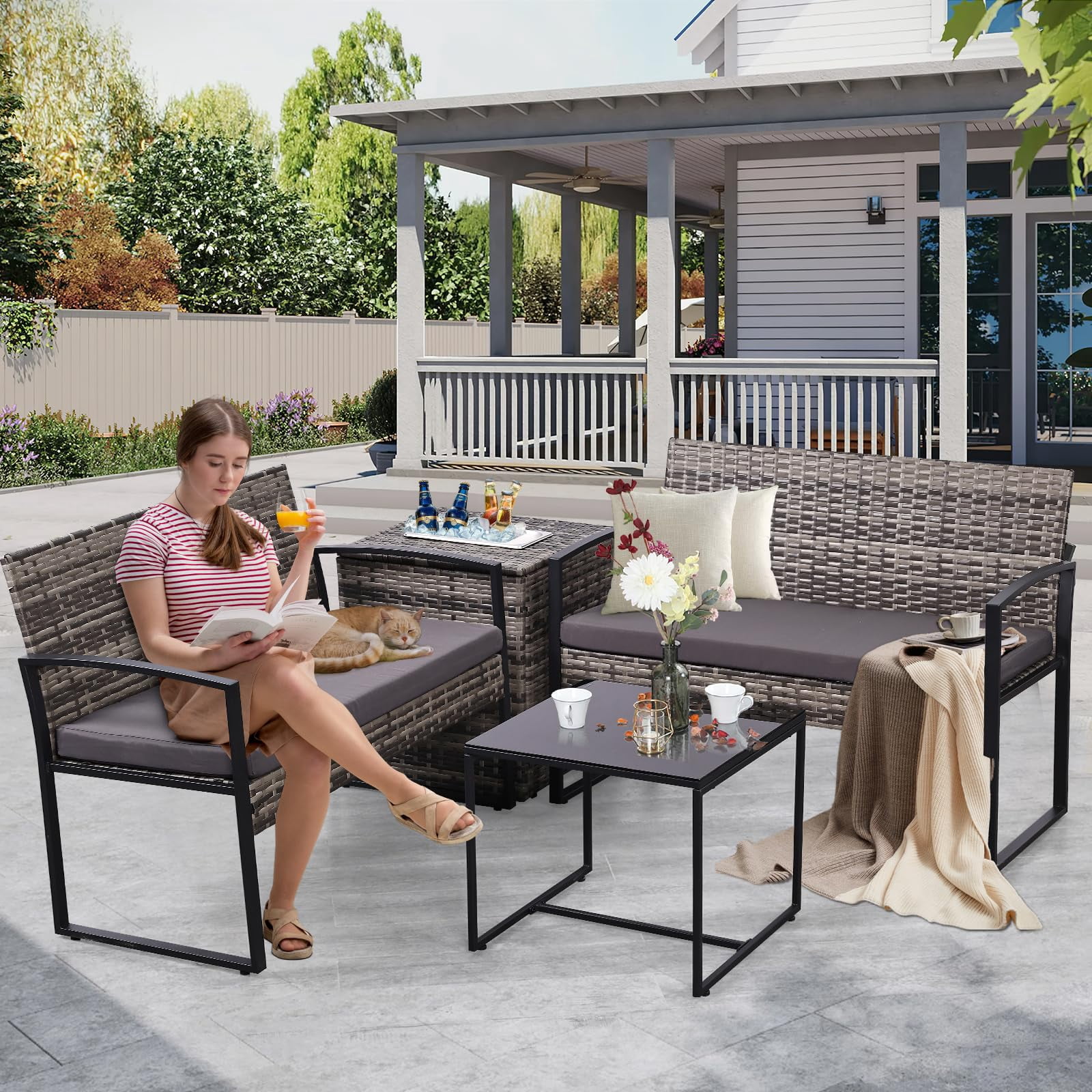 4 Piece Outdoor Patio Furniture Set,Wicker Conversation Sets Patio Sofa Couch with Built-in Beverage Cooler Storage Box & Coffee Table for Outside, Garden, Balcony, Porch,Grey/Grey