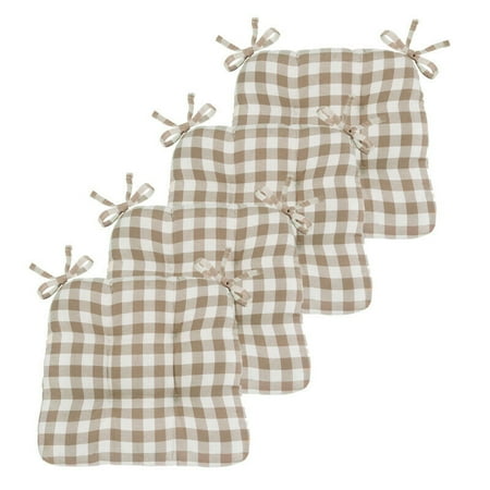 

4 Pack Kate Aurora Country Living Plush Gingham Plaid Checkered Country Farmhouse Chair Cushions/Pads With Tear Proof Ties - Linen/Beige