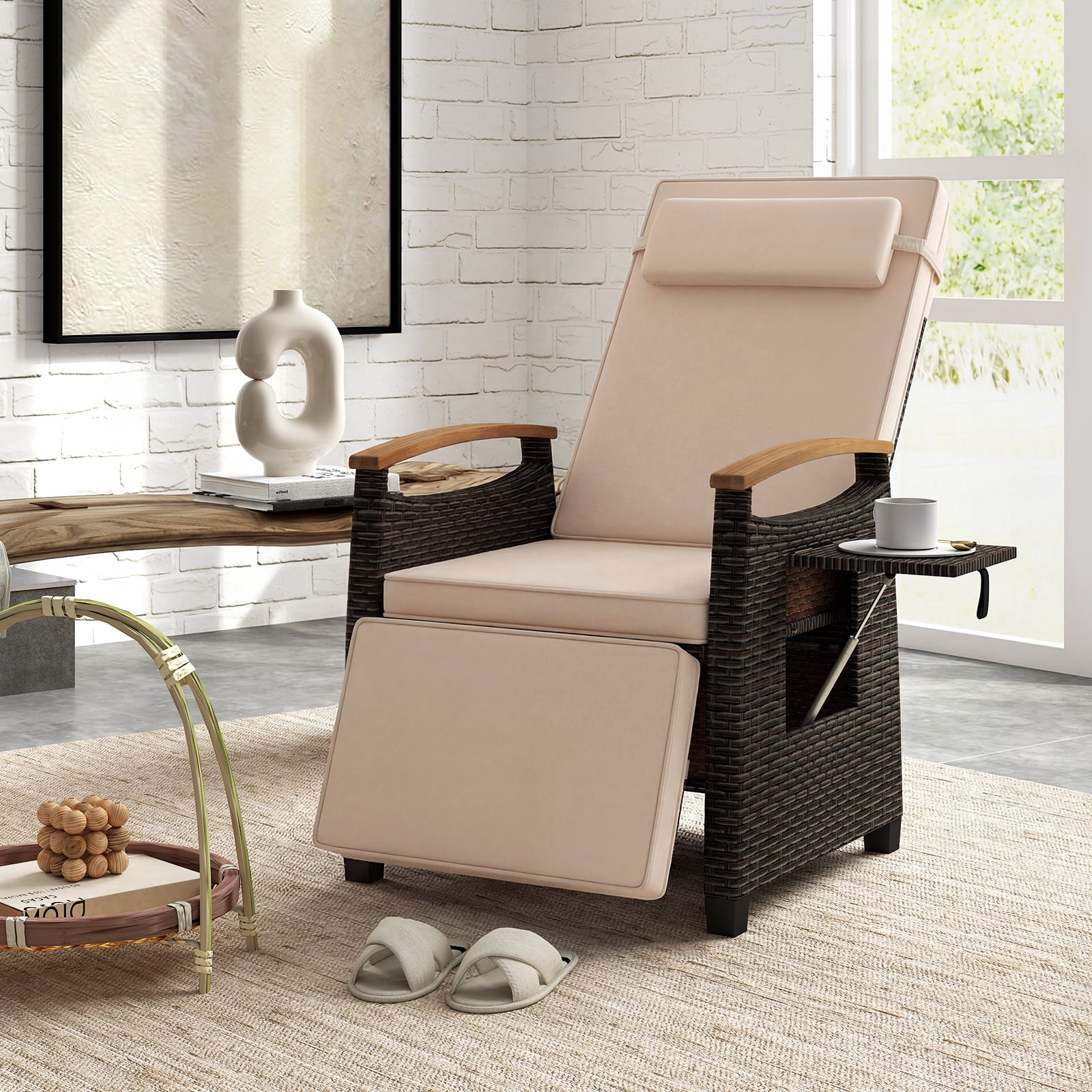 Gymax Set of 2 Patio Wicker Recliner Chair Rattan Lounge Chair w/ Adjustable Backrest&Footrest Mix Brown