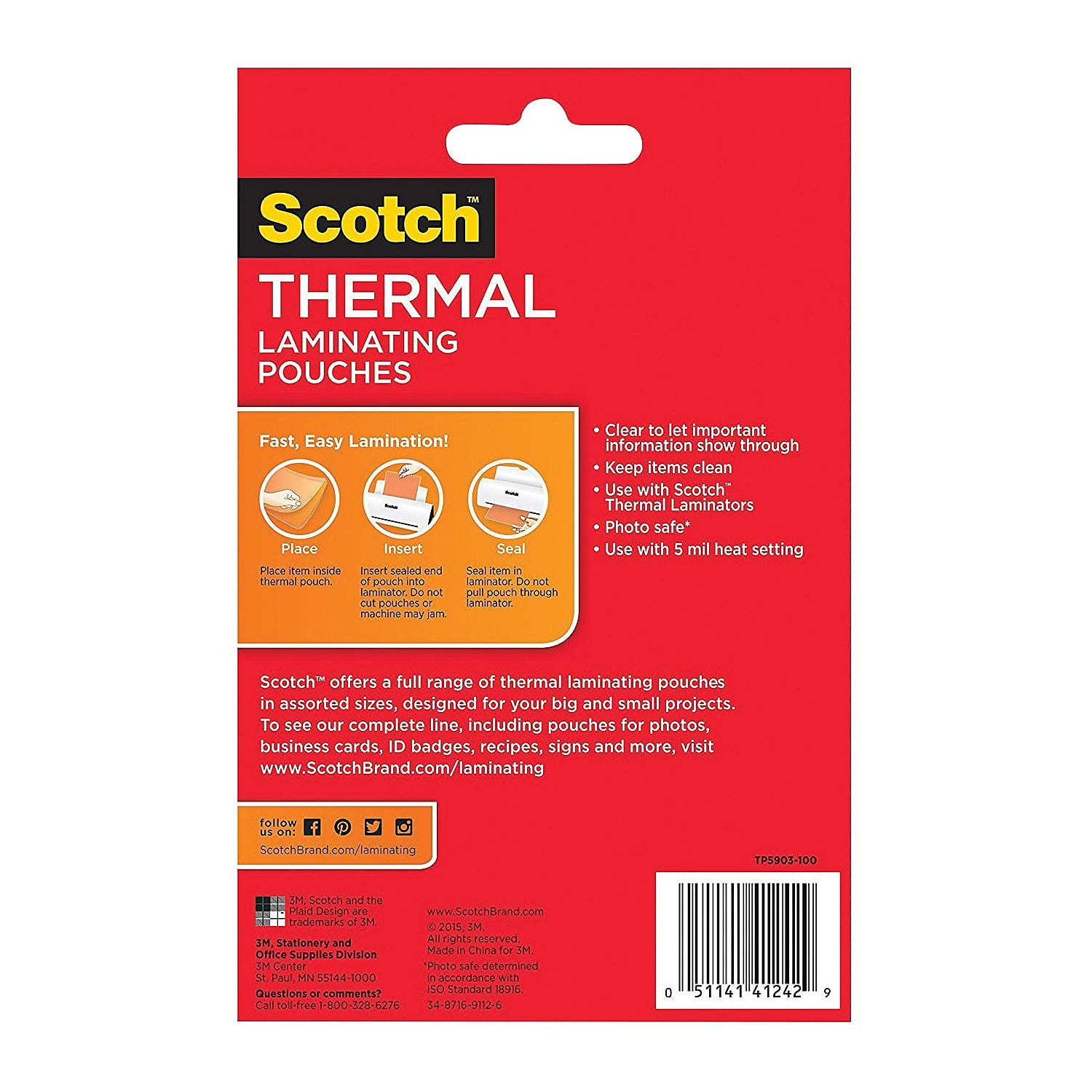 Scotch Thermal Laminating Pouches 100 Per Pack TP5903-100