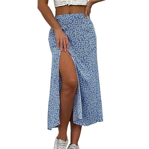 ICHUANYI Clearance Fashion Women Summer Floral Printing Split Casual Ruched Sexy Waist Skirts(Dark Blue, S) ICHUANYI WER2023081002053