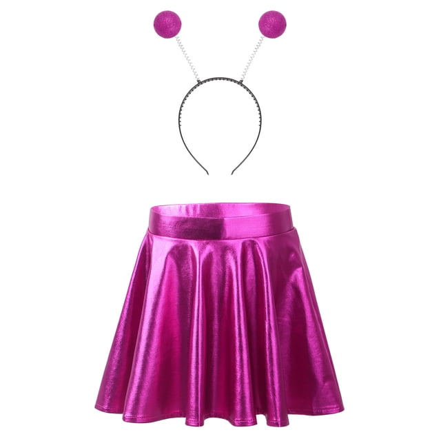 Yartina Girls Glossy Metallic Flared Pleated Mini Skirt Alien Cosplay Hair Hoop Outer Space Costume Rose Red 10