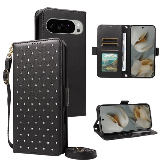 ELEHOLD Sparkle PU Leather Flip Wallet Cell Phone Case with Wrist Lanyard and Shoulder Strap for Google Pixel 10 Pro XL,Black